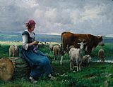 Cow Canvas Paintings - Shepherdess with Goat Sheep and Cow